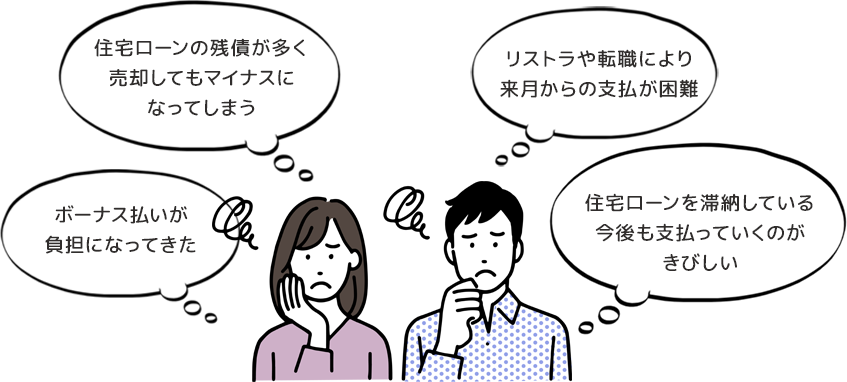 ボーナス払いが負担になってきた　住宅ローンを滞納している 今後も支払っていくのがきびしい　リストラや転職により　来月からの支払が困難　住宅ローンの残債が多く、売却してもマイナスになってしまう